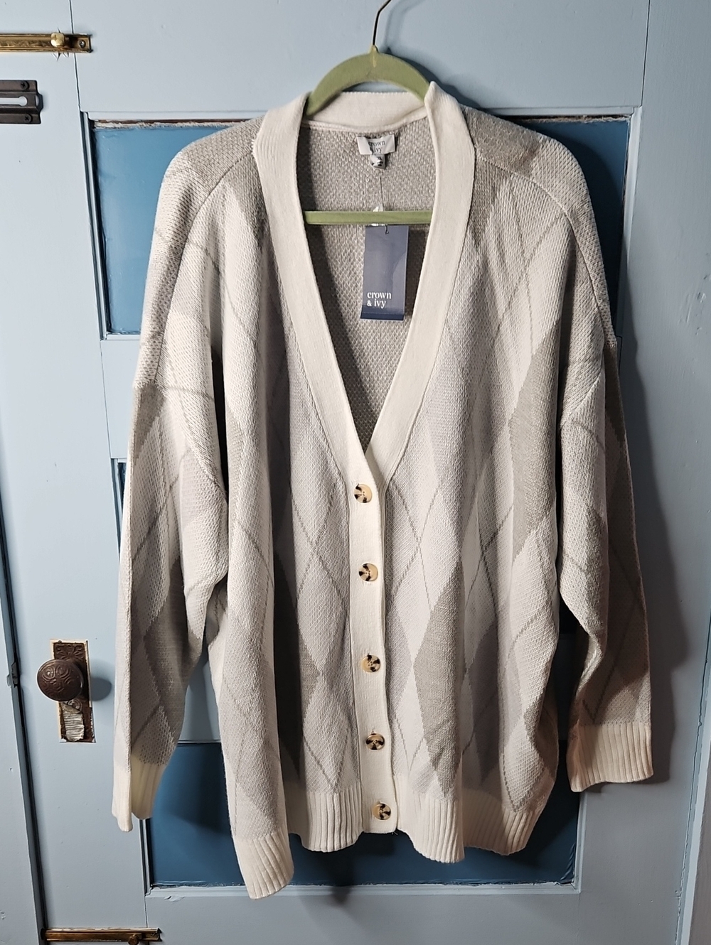 crown & ivy Cream and Light Gray Argyle Button Sweater Cardigan 3X
